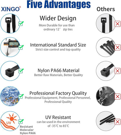 XINGO 12 Inch Black Zip Ties 1200 PCS, 75 LBS Tensile Strength, UV Resistant - Image 3