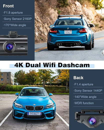 4K Dash Cam Front and Rear, Car Dash Camera Built-in WiFi GPS, Free 64GB Card - Image 2