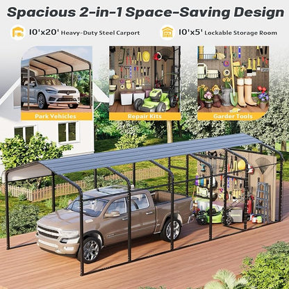 EROMMY 10x25 FT Carport Storage Shed 2-in-1, Heavy Duty Car Port - Image 3