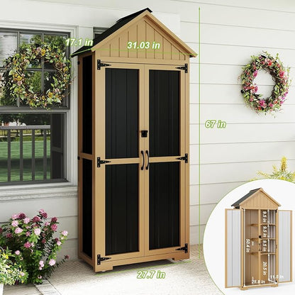 Outdoor Storage Cabinet with Shelf, Wood & Metal Storage Shed with Lockable - Image 2
