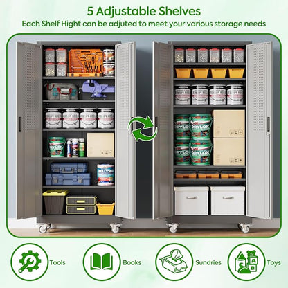 Garage Storage Cabinet with Pegboard and 5 Adjustable Shelves, Tool Storage - Image 5
