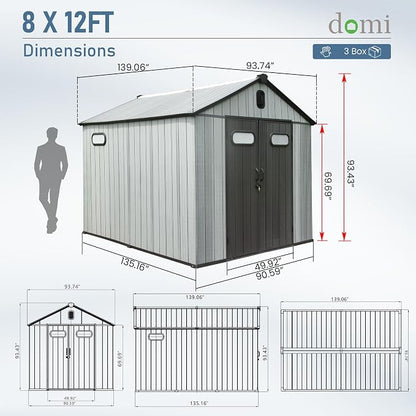 Domi 8x12 FT Outdoor Resin Storage Shed, All-Weather Double-Wall Storage - Image 3
