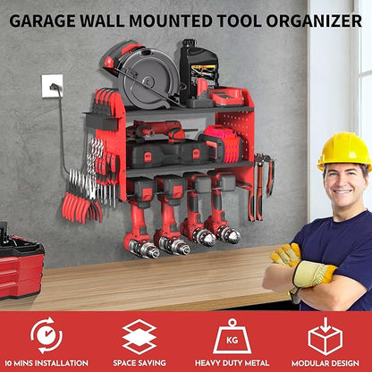 Power Tool Organizer Wall Mount – Adjustable Shelf, Side-Mounted 4-Outlet - Image 2