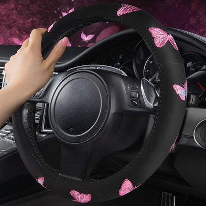 Car Pass Pink Embroidery Butterfly Steering Wheel Cover, Universal 15 Inch Car - Image 5