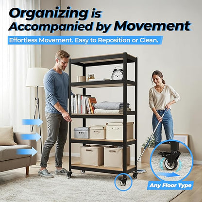 HOMEDANT House 5-Tier Metal Rolling Cart Shelf Rack Casters Heavy Duty - Image 6
