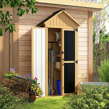 Outdoor Storage Cabinet with Shelf, Wood & Metal Storage Shed with Lockable - Image 7