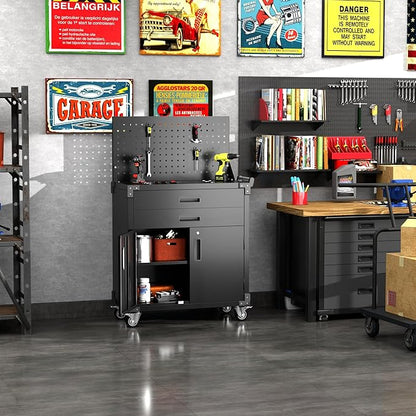 Black Tool Cart with Pegboard and 4 Hooks, Garage Storage Cabinet on Wheels - Image 6