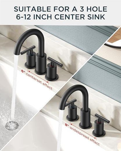 FORIOUS Bathroom Faucets 3 Hole, Matte Black Bathroom Sink Faucet 3 Hole Vanity - Image 6