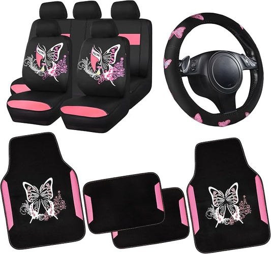 CAR PASS Pink Leather & Gaberdine Butterfly Car Seat Covers Full Set by CARPASS