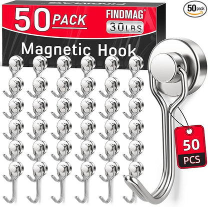 FINDMAG 50 Pack Magnetic Hooks, 30 LB+ Magnet Hooks by FINDMAG