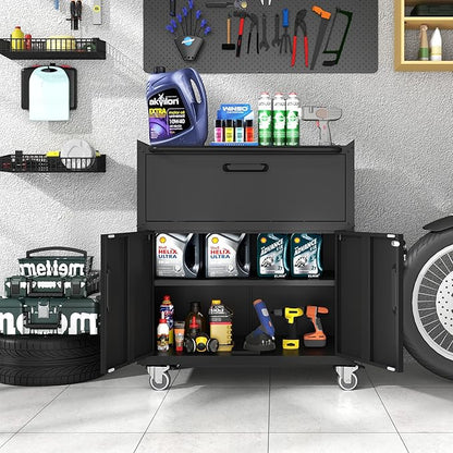 Metal Storage Cabinet with Wheels, Lockable Garage Cabinet with 2 Doors and 1 - Image 2
