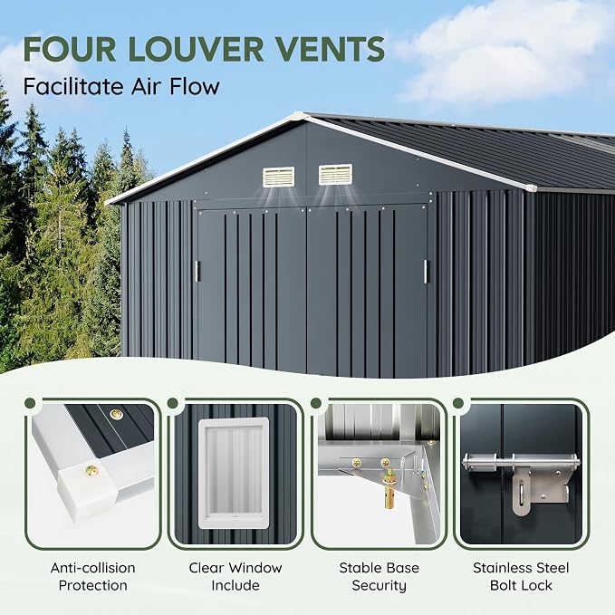 10x12 FT Outdoor Metal Storage Shed, Double Swing Doors, 2 Clear Windows - Image 4