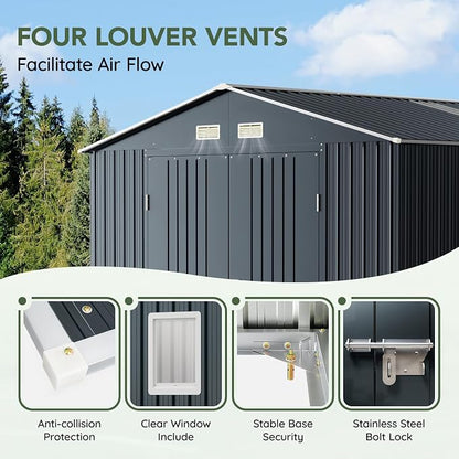 10x12 FT Outdoor Metal Storage Shed, Double Swing Doors, 2 Clear Windows - Image 4