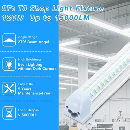 10 Pack 8FT T8 LED Shop Lights, 120W Integrated Tube Light, 19200LM 6000-6500K - Image 2