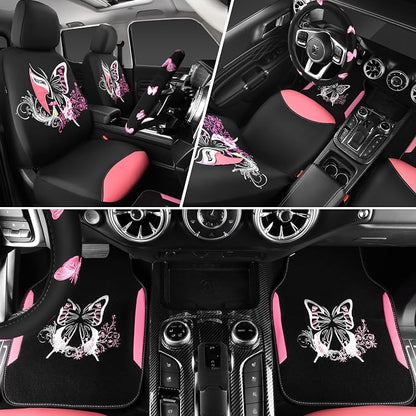 CAR PASS Pink Leather & Gaberdine Butterfly Car Seat Covers Full Set - Image 4