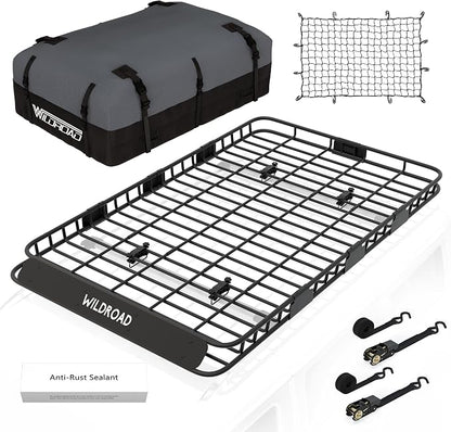 Wildroad Roof Rack Cargo Basket, Upgraded 4” Fence Wide Car Roof Basket Combo by WILDROAD