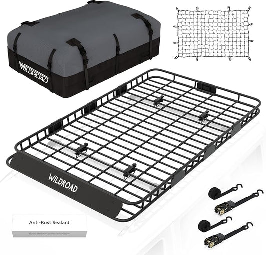 Wildroad Roof Rack Cargo Basket, Upgraded 4” Fence Wide Car Roof Basket Combo by WILDROAD