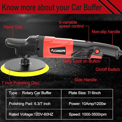 AOBEN Rotary Buffer Polisher, 1200W 6-inch/ 7-inch Car Buffer, Car Polisher - Image 2