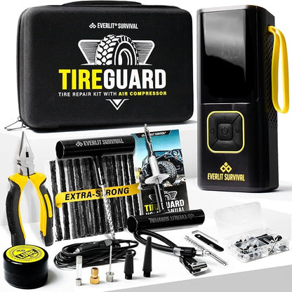 Tire Repair Kit with Air Compressor Car Emergency Kit with Universal Tire Plugs by EVERLITSURVIVAL