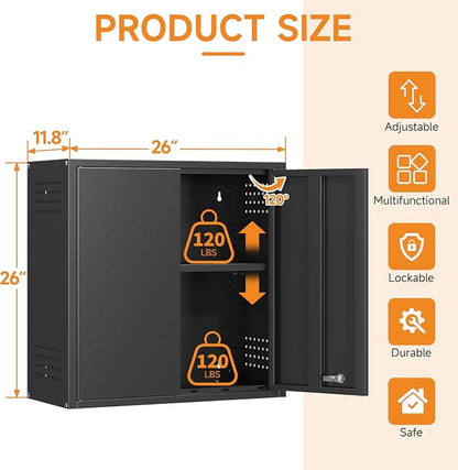 Metal Garage Wall Cabinet with 2 Doors and 1 Adjustable Shelf, Lockable - Image 2