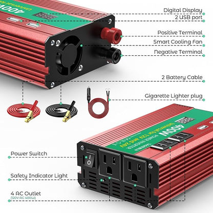 400W Power Inverter, DC 12V/24V to 110V AC Car Inverter - Image 6