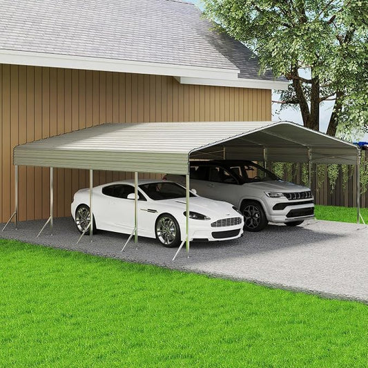20x20ft Heavy Duty Metal Carport – Outdoor Galvanized Garage, Sturdy Structure by Unknown