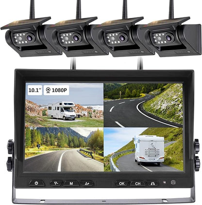 10.1" - 4 Magnetic Solar Wireless Backup Camera System, HD 1080P DVR Monitor by WOOCARTY