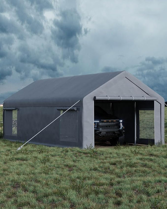 13x25 Ft Carport with 10 Sandbags, Car Port with 220g PE Tarp, 2 Roll-Up Doors by GarveeLife