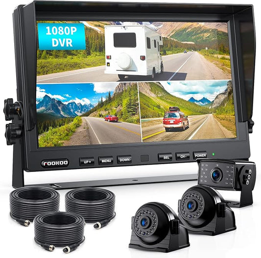 Fookoo HD 1080P 10" Wired Backup Camera System, IP69 Waterproof Side & Rear by FOOKOO