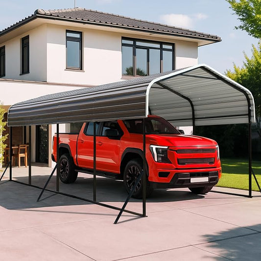 12x20 Metal Carport with Base Fixings Heavy Duty Garage Outdoor Chrome Plated by ZYNFYLUS