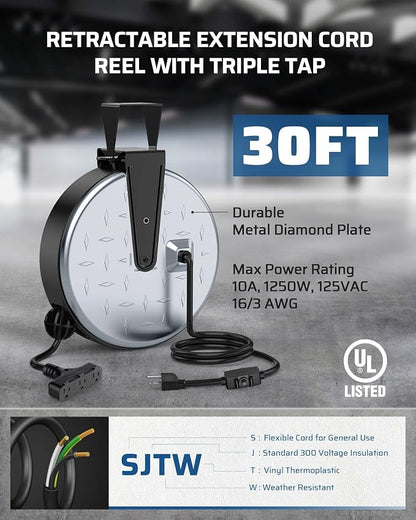 DEWENWILS Metal Extension Cord Reel, 30FT Retractable Extension Cord, 16AWG/3C - Image 3