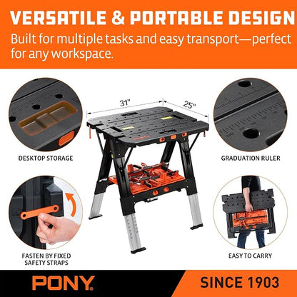 Pony Portable Folding Work Table, 2-in-1 as Sawhorse & Workbench, 31” W×25” - Image 8