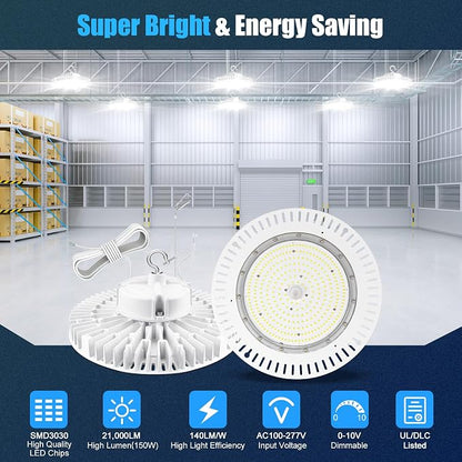 150W LED High Bay Light, AC100-277V 21, 000LM 0-10V Dimmable UL Listed IP65 - Image 2