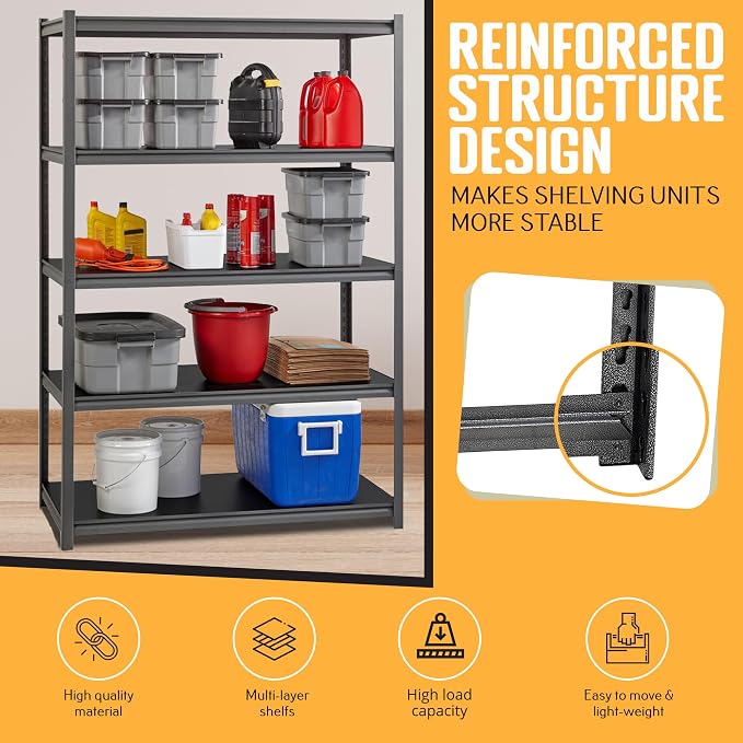 Rigma 5 Tier Garage Shelf, Heavy Duty Steel Shelving Unit, Adjustable Metal - Image 6