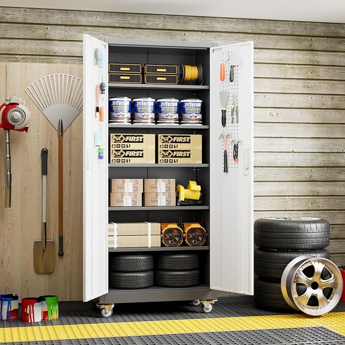 Metal Garage Cabinet with Wheels and Pegboard 71'' x 32'' x 16'', Lockable - Image 2