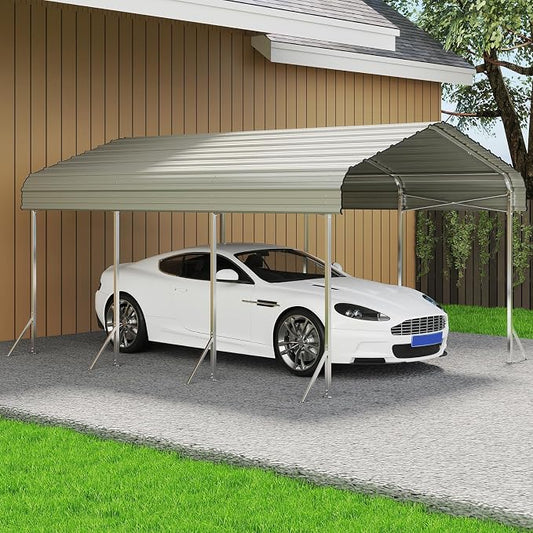 10X15ft Heavy Duty Metal Carport – Outdoor Galvanized Garage, Sturdy Structure by Unknown