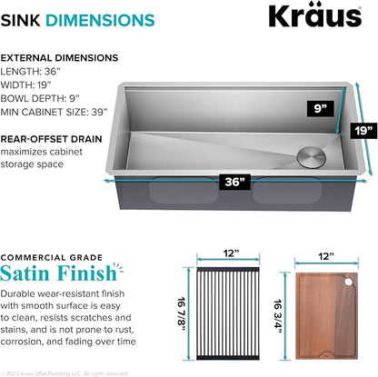 KRAUS Kore 36-Inch Undermount Workstation 16 Gauge Single Bowl Stainless Steel - Image 4