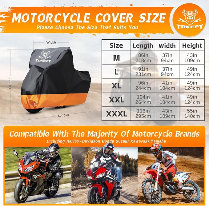 Motorcycle Cover, All-Season Waterproof Outdoor Sun Protection Fit up to 91 - Image 2