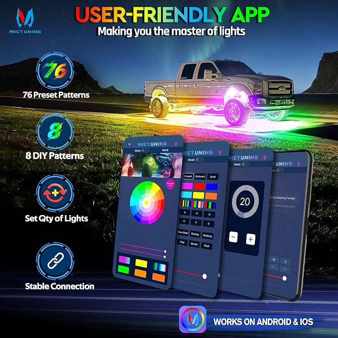 MICTUNING 2025 1000% Bright Q1 MAX RGB+IC Rock Lights, 20 Pods Chasing - Image 4