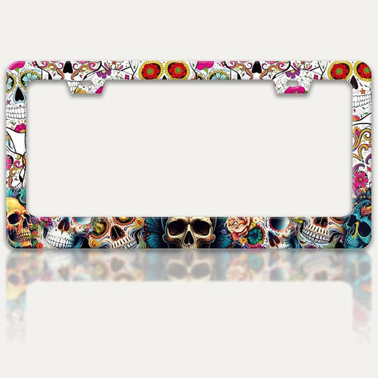 Sugar Skull License Plate Frame Skeleton Flowers License Plate Holders Funny by RTINRAN