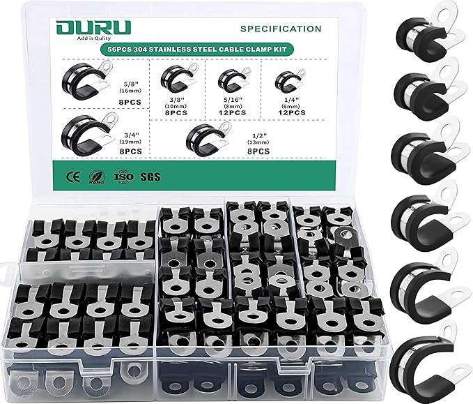 56PCS Cable Clamps Assortment Kit, 6 Sizes—1/4" 5/16" 3/8" 1/2" 5/8" 3/4" by OURU