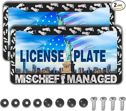 Automotive Exterior Accessories Black and White License Plate Frames Mischief by Unknown