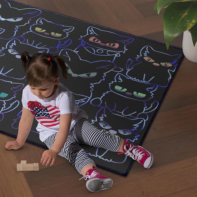 Black Play Cat Rug for Playroom for Boys Girls 59"x39" Funny Cute Cat Cartoon - Image 3
