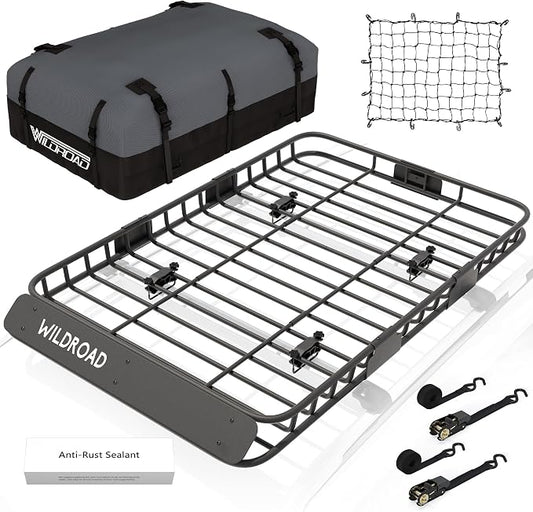 WILDROAD Car Roof Cargo Basket Combo of Upgraded 64"x 39"x 4" Roof Rack Cargo by WILDROAD