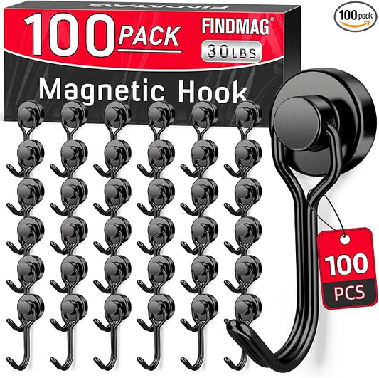FINDMAG 100 Pack Magnetic Hooks, 30 LB+ Magnetic Hooks by FINDMAG