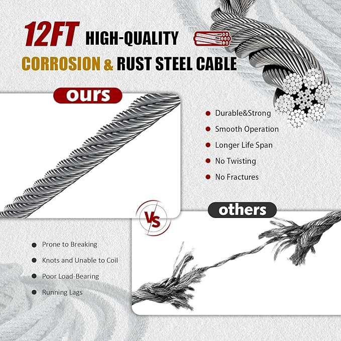 Come Along Winch 2T, Pulling Capacity 12 FT Steel Cable 2 Hooks, - Image 4
