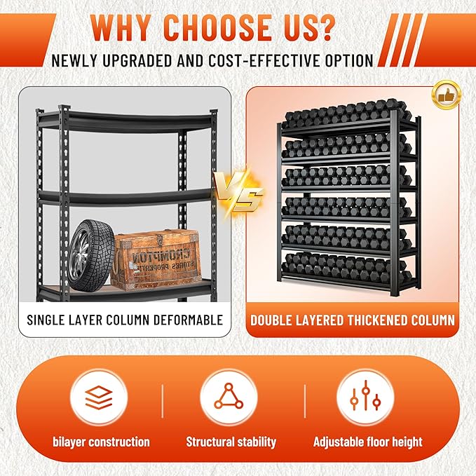 5-Tier Heavy Duty Metal Shelving Unit, 2500LBS Capacity Garage Storage Shelf - Image 6