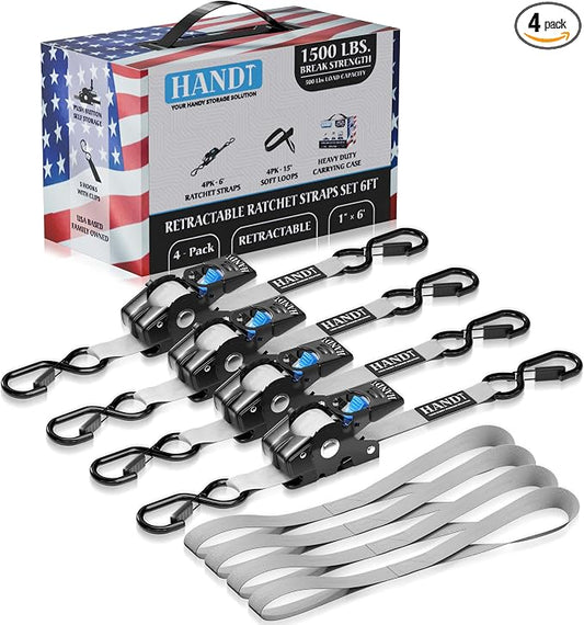 HandT USA Based Retractable Ratchet Straps 1in x 6ft by HANDT