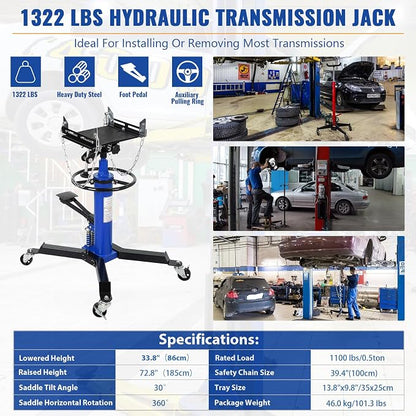 Transmission Jack with 2 Stage Hydraulic Ram, 1322 LBS Hydraulic Telescoping - Image 3