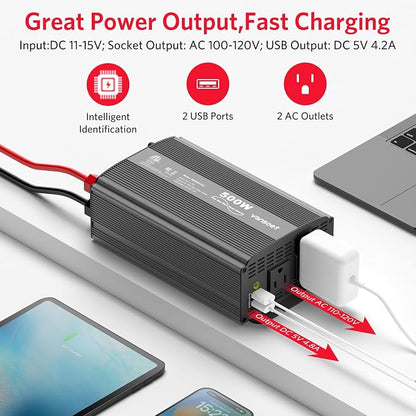500W Pure Sine Wave Power Inverter, DC 12V to 110V AC Car Plug Inverter Adapter - Image 2
